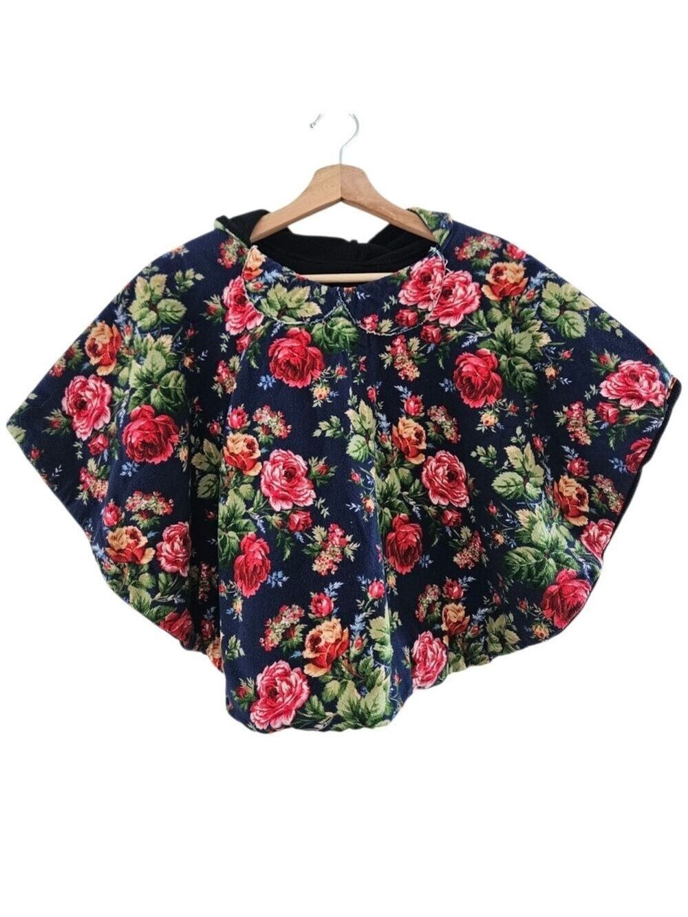 Floral Hooded Fleece Poncho Cape w/ Bow Detail Navy Rose Print (Baby/toddler)